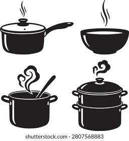 Steaming Cooking Pots and Pans Icon Set  Kitchen Utensil Graphic