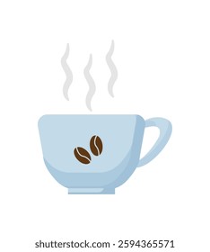 A steaming cup of coffee with coffee bean illustrations on the side.