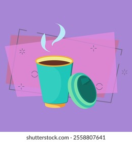 Steaming cup of coffee. Blue paper disposable cup with black coffee and plastic lid. Takeaway cups concept. Vector illustration can be used for topics like morning, coffee break, breakfast outdoors