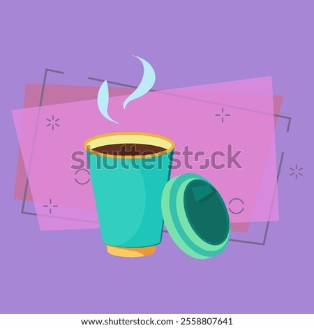 Steaming cup of coffee. Blue paper disposable cup with black coffee and plastic lid. Takeaway cups concept. Vector illustration can be used for topics like morning, coffee break, breakfast outdoors