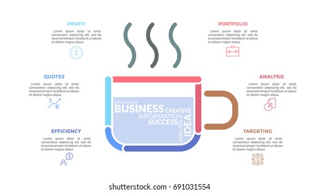 Steaming cup of coffee consisted of colorful lines with word cloud inside surrounded by icons and text boxes. Concept of business breakfast. Modern infographic design template. Vector illustration.