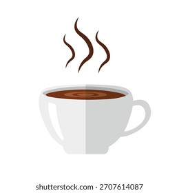 Uma xícara de café fumegante, retratada em um estilo vetor plano, isolada no branco