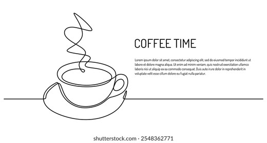 A steaming cup of coffee, drawn in a continuous one line style. Minimalist coffee time background concept for posters.