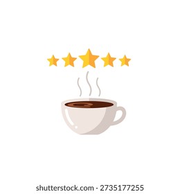A steaming cup of coffee with five golden stars above it, indicating a high rating or excellent quality.
