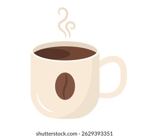 Steaming cup of coffee in a light mug with coffee bean, vector eps10 illustration