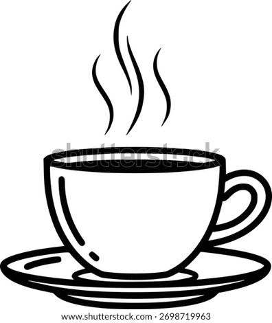 Steaming Cup of Coffee on Saucer: Minimalist Black and White Illustration for Branding