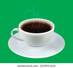 A steaming cup of coffee on a white saucer, isolated on a green screen