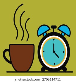 Una taza humeante de café se sienta junto a un reloj despertador vintage, que simboliza el inicio de un nuevo día o rutina matutina.