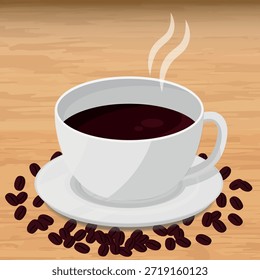 Dampfende Tasse Kaffee, umgeben von Kaffeebohnen auf einer hölzernen Oberfläche. Ideal für Frühstück und Kaffee Shop Themen. Illustration, Vektor.