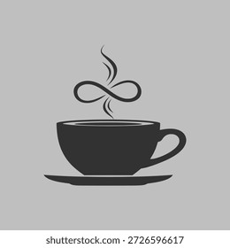 Xícara fumegante de café ou chá em um pires, ilustração preta simples sobre fundo cinza.