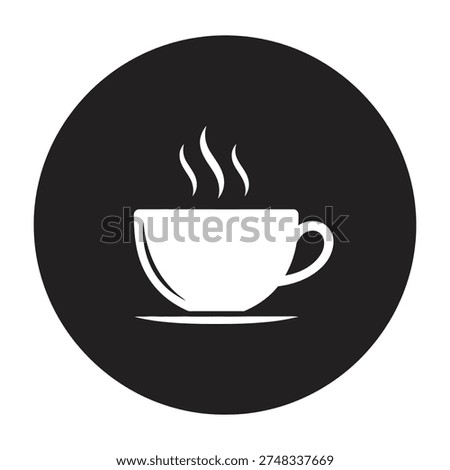 Steaming cup of coffee or tea in a simple white icon design on a black circular background symbolizing warmth and comfort