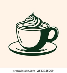 A steaming cup of coffee topped with whipped cream sits on a saucer, hand drawn style