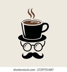 Una taza humeante de café con un sombrero y gafas
