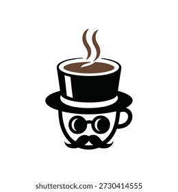 A steaming cup of coffee wearing a top hat and glasses