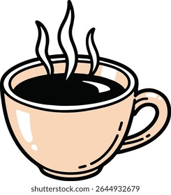 A steaming cup of dark coffee is depicted in a cartoon style illustration.
