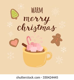 steaming cup of delicious hot chocolate with marshmallows, with ginger biscuits, cinnamon, candy canes. Sweetheart card or poster for Christmas.