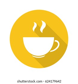 Steaming cup flat design long shadow icon. Hot steaming drink mug. Vector silhouette symbol