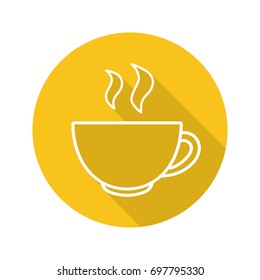 Steaming cup flat linear long shadow icon. Hot steaming drink mug. Vector outline symbol