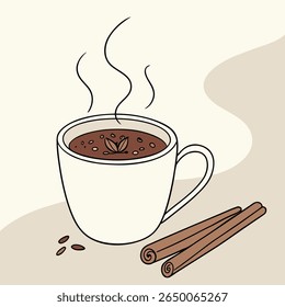 A steaming cup of hot chocolate is accompanied by cinnamon sticks and spices, set against a neutral backdrop.