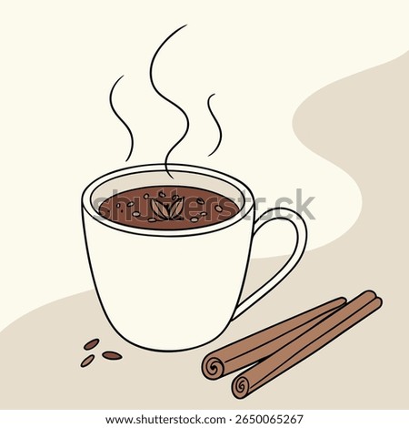 A steaming cup of hot chocolate is accompanied by cinnamon sticks and spices, set against a neutral backdrop.