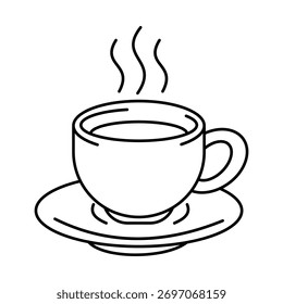 Taza humeante de bebida caliente, ilustración simple en blanco y negro.