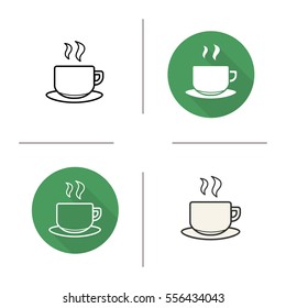 Steaming cup icon. Flat design, linear and color styles. Hot drink mug. Isolated vector illustrations