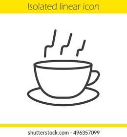 Steaming cup linear icon. Teacup thin line illustration. Hot steaming coffee cup on plate contour symbol. Vector isolated outline drawing