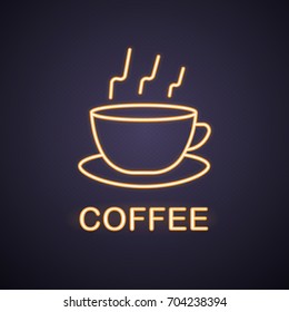 Steaming cup neon light icon. Cafe glowing sign. Vector isolated illustration