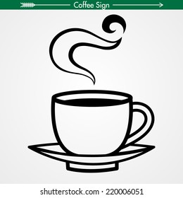 Steaming Cup on Plate. Coffee Sign Outlines