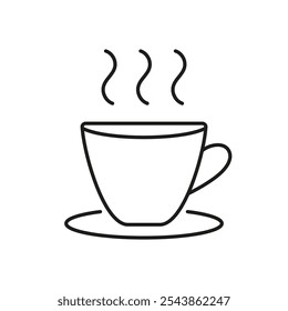 Taza al vapor en el icono de la línea del platillo. Símbolo de contorno de café o té de bebida caliente. Bebida caliente con platillo. Trazo Editable. Ilustración vectorial aislada.