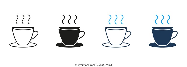 Steaming Cup on Saucer Line and Silhouette Icon Set. Hot Beverage Coffee or Tea Symbol. Warm Drink with Saucer. Editable Stroke. Isolated Vector Illustration.