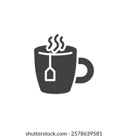 A steaming cup with a tea bag vector icon. filled flat sign for mobile concept and web design. Hot Tea mug glyph icon. Symbol, logo illustration. Vector graphics