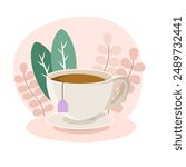 Steaming cup of tea brewing on a saucer with a floral background