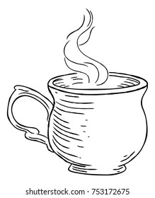 A steaming cup of tea or coffee hand draw in a retro vintage woodcut engraved or etched style.