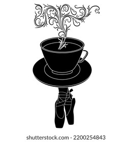 Steaming cup of tea or coffee standing on tiptoed female feet in ballet shoes. Dancing beverage. Creative funny concept. Black and white silhouette.