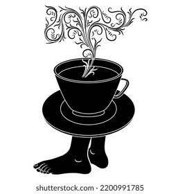 Steaming cup of tea or coffee standing on human feet. Creative funny beverage concept. Black and white silhouette.