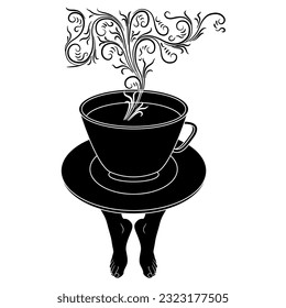 Steaming cup of tea or coffee standing on tiptoes on bare human feet. Funny beverage design. Black and white silhouette.