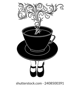 Steaming cup of tea or coffee standing on female feet wearing Mary Jane shoes. Creative funny beverage or drink design. Black and white silhouette.