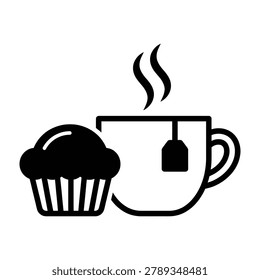 Steaming cup of tea and muffin icon for breakfast bakery or cafe menu with breakfast steaming illustration beverage