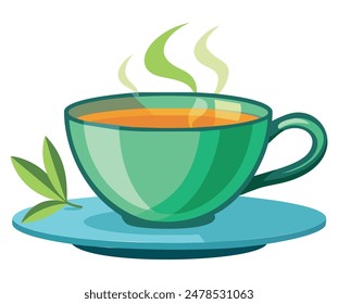 A steaming cup of tea on a blue saucer with a green leaf. Vector illustration