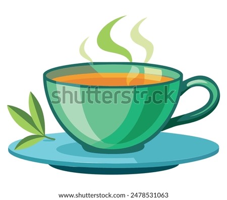 A steaming cup of tea on a blue saucer with a green leaf. Vector illustration