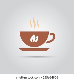 steaming cup of tea on which tea leaves are depicted vector isolated sign