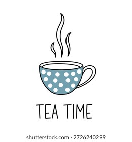 Una taza humeante de té con lunares y las palabras hora del té