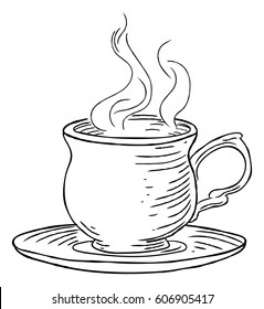 A steaming cup of tea and saucer or coffee hand draw in a retro vintage woodcut engraved or etched style.