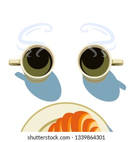 Steaming cups of coffee with plate & croissant