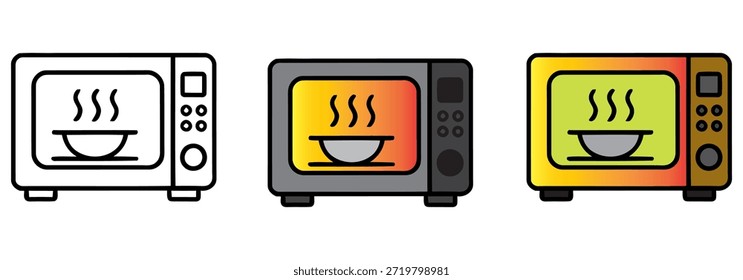 Cocinar al vapor los alimentos dentro de un icono del horno de microondas en tres estilos diferentes para el aparato de cocina