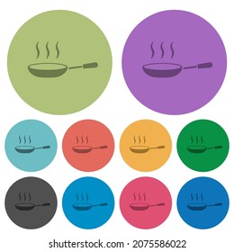 Steaming frying pan darker flat icons on color round background