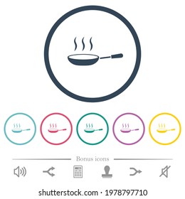 Steaming frying pan flat color icons in round outlines. 6 bonus icons included.