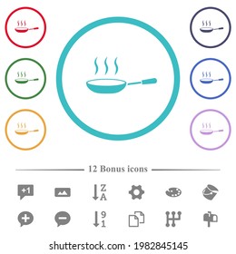 Steaming frying pan flat color icons in circle shape outlines. 12 bonus icons included.