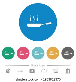 Steaming frying pan side view flat white icons on round color backgrounds. 6 bonus icons included.